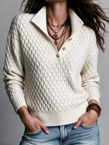 SHEIN 秋季/辦公室早午餐日常穿搭 菱格紋粗針編織翻領套頭毛衣，落肩寬鬆版型 素色 女款 奶油白 休閒 - 杏色 - 查看 5