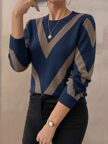SHEIN Sweater Kasual Lengan Panjang Leher Bulat Motif Blok Warna Musim Gugur/Dingin untuk Wanita - MultiWarna - View 2