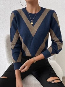 SHEIN Sweater Kasual Lengan Panjang Leher Bulat Motif Blok Warna Musim Gugur/Dingin untuk Wanita - MultiWarna - View 5