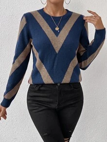 SHEIN Sweater Kasual Lengan Panjang Leher Bulat Motif Blok Warna Musim Gugur/Dingin untuk Wanita - MultiWarna - View 6