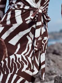 SHEIN Women's Fashion Elegant Tropical Sexy Leopard Print Fitted Long Sleeve Dress Dinner Vacation Party Beach Brown Zebra Print Fall - Multicolor - View 5