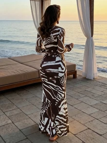 SHEIN Women's Fashion Elegant Tropical Sexy Leopard Print Fitted Long Sleeve Dress Dinner Vacation Party Beach Brown Zebra Print Fall - Multicolor - View 3