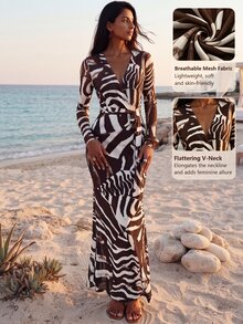 SHEIN Women's Fashion Elegant Tropical Sexy Leopard Print Fitted Long Sleeve Dress Dinner Vacation Party Beach Brown Zebra Print Fall - Multicolor - View 2