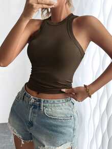 SHEIN Women's Rhinestone Decor Scoop Neck Slim Fit Tank Top,Coffee Brown Summer Basic Gym Summer Tight Fitting Casual Tops For Ladies - Brown - View 7