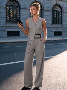 Ritzy Row Summer Casual Chic Grey Two Piece Set Women Elegant Vintage Coin Pattern Vest & Wide Leg Pants 2 Pieces Set,Bissness Commuter Pant Suit Summer Sets - Grey - View 2