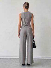 Ritzy Row Summer Casual Chic Grey Two Piece Set Women Elegant Vintage Coin Pattern Vest & Wide Leg Pants 2 Pieces Set,Bissness Commuter Pant Suit Summer Sets - Grey - View 9