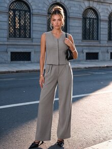 Ritzy Row Summer Casual Chic Grey Two Piece Set Women Elegant Vintage Coin Pattern Vest & Wide Leg Pants 2 Pieces Set,Bissness Commuter Pant Suit Summer Sets - Grey - View 6