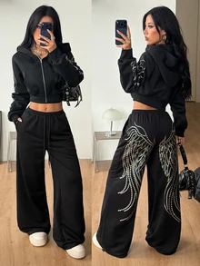 Coolane 女款秋冬外出休閒街頭風 Y2K 時尚 頹廢哥德龐克風 翅膀圖案亮片黑色寬腿運動長褲 - 黑色 - 查看 3