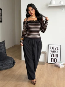 Coolane 女款大尺碼秋冬優雅正式日常休閒彈性長袖棕色條紋蕾絲拼接露肩上衣 - 黑與白 - 查看 2