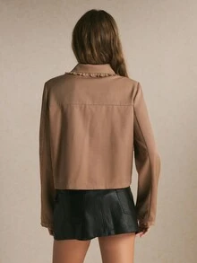 Poéselle Jaket Pendek Wanita Warna Khaki dengan Hiasan Renda, Mantel Nyaman Berkerah Kancing Depan dengan Saku, Pakaian Luar Musim Gugur Kasual Vintage yang Menawan untuk Sarapan - Khaki - View 2