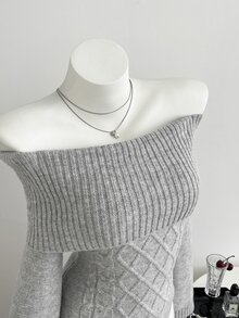 Elamini Sweater Rajut Kabel Lengan Panjang Tanpa Bahu untuk Wanita, Lucu, Halus, Bergaya Vintage, Serbaguna - Grey - View 5