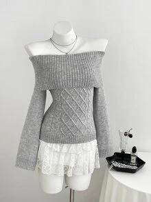 Elamini Sweater Rajut Kabel Lengan Panjang Tanpa Bahu untuk Wanita, Lucu, Halus, Bergaya Vintage, Serbaguna - Grey - View 7