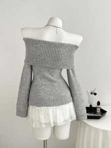 Elamini Sweater Rajut Kabel Lengan Panjang Tanpa Bahu untuk Wanita, Lucu, Halus, Bergaya Vintage, Serbaguna - Grey - View 2