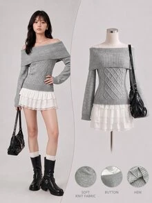Elamini Sweater Rajut Kabel Lengan Panjang Tanpa Bahu untuk Wanita, Lucu, Halus, Bergaya Vintage, Serbaguna - Grey - View 4