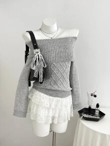 Elamini Sweater Rajut Kabel Lengan Panjang Tanpa Bahu untuk Wanita, Lucu, Halus, Bergaya Vintage, Serbaguna - Grey - View 3