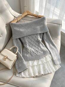 Elamini Sweater Rajut Kabel Lengan Panjang Tanpa Bahu untuk Wanita, Lucu, Halus, Bergaya Vintage, Serbaguna - Grey - View 1