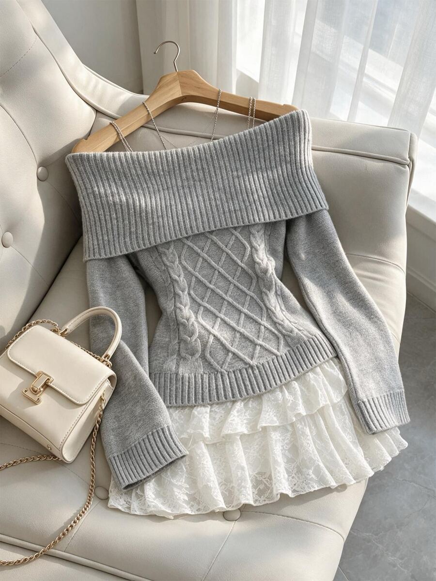 Elamini Sweater Rajut Kabel Lengan Panjang Tanpa Bahu untuk Wanita, Lucu, Halus, Bergaya Vintage, Serbaguna - Grey - View 1