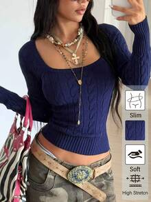 StreetHx Streetwear Wanita Musim Gugur/Dingin, Warna Polos, Gaya American College, Biru Tua, Rajut Kabel, Bahu Terbuka, Potongan Ramping, Sweater Dasar yang Menawan - Biru - View 3