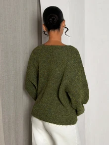 SHEIN Unity Women's Casual Minimalist Loose Fuzzy Top Brunch Office Everyday Travel Olive Green Fall - Army Green - View 3