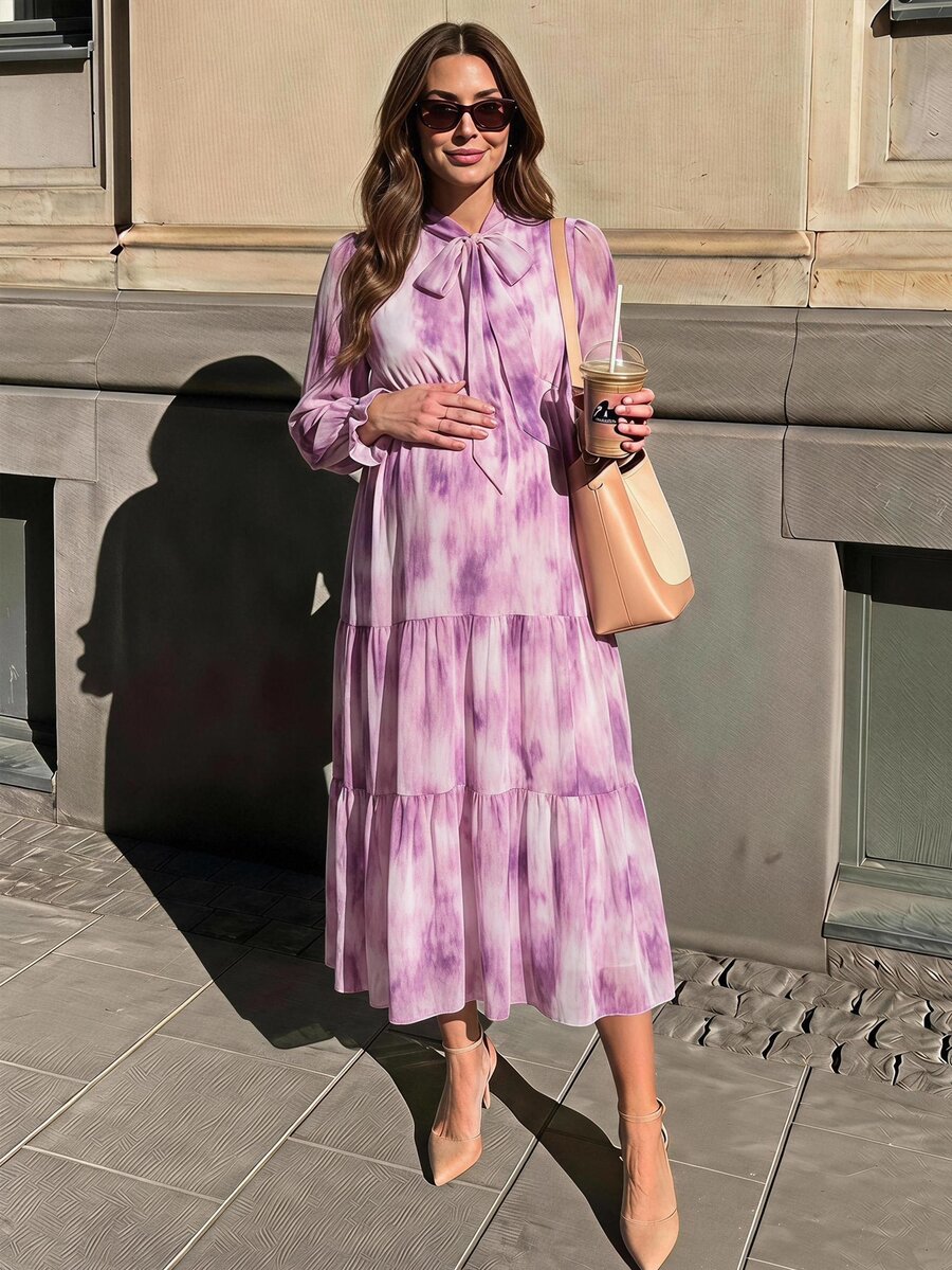 SHEIN Elegant Maternity Tie-Dye Print Commuter Dress Fall - Purple - View 1