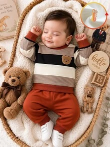 SHEIN Vintaside Kids 2件組新生兒男嬰運動衫長褲套裝，可愛橘棕色條紋熊貼布，長袖圓領，休閒款，適合假期、秋冬穿著的毛衣連身衣套裝 - 棕色 - 查看 6