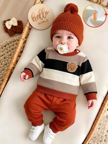 SHEIN Vintaside Kids 2件組新生兒男嬰運動衫長褲套裝，可愛橘棕色條紋熊貼布，長袖圓領，休閒款，適合假期、秋冬穿著的毛衣連身衣套裝 - 棕色 - 查看 1