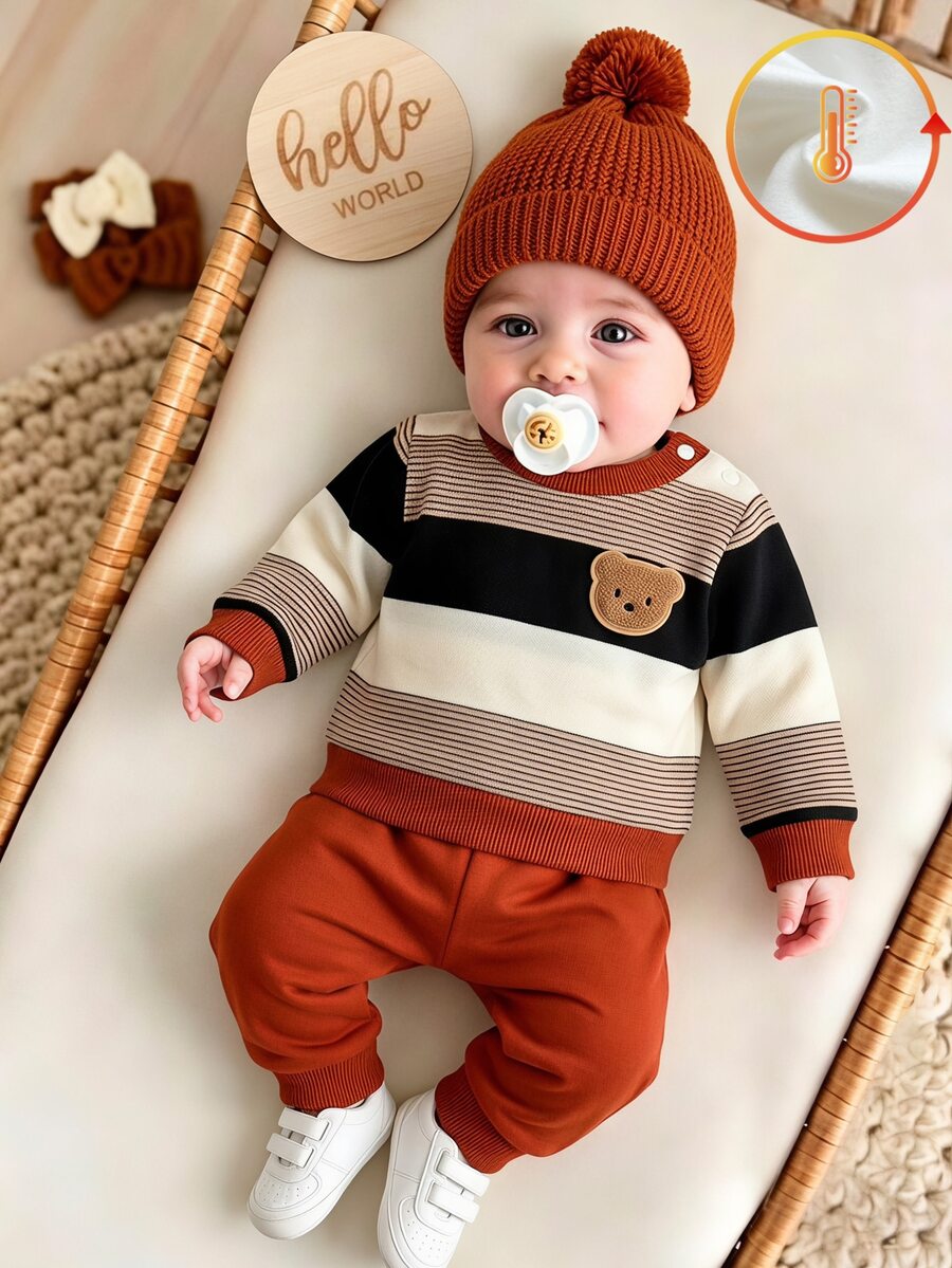 SHEIN Vintaside Kids 2件組新生兒男嬰運動衫長褲套裝,可愛橘棕色條紋熊貼布,長袖圓領,休閒款,適合假期、秋冬穿著的毛衣連身衣套裝 - 棕色 - 查看 1