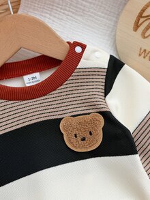 SHEIN Vintaside Kids 2件組新生兒男嬰運動衫長褲套裝，可愛橘棕色條紋熊貼布，長袖圓領，休閒款，適合假期、秋冬穿著的毛衣連身衣套裝 - 棕色 - 查看 7