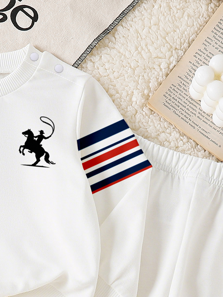 SHEIN Newborn Baby Boy Sweatshirt Sweatpants Set White Navy Red Horse Riding Print Stripe Trimmed Long Sleeve Round Neck Holiday Vacation Autumn - Multicolor - View 8