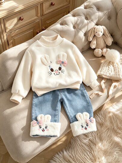 SHEIN Young Girls Embroidered Denim Hoodie & Sweatshirt Co-Ords, Autumn, Fall Clothes Fleece And Thickened Cute Rabbit Cuffed Fleece Leg Denim Jean