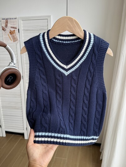 SHEIN Rompi Sweater Leher V untuk Anak Laki-Laki, Warna Aprikot, Serbaguna, Bergaya, Rapi, Nyaman, Kasual, Cocok untuk Sekolah, Penitipan Anak, Jalan-jalan, Perjalanan, Pertemuan, Piknik, Pesta