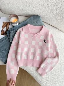 Tween Girl) Pink Plaid Pony Embroidery Logo Long Sleeve V-Neck Sweater, Suitable For Autumn And Winter, Pairs With Coats And Padded Jackets Pullover - Pink - View 11