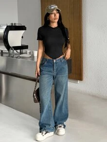 SHEIN EZwear 黑色高領短袖修身針織女款T恤 - 黑色 - 查看 4