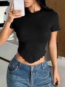 SHEIN EZwear 黑色高領短袖修身針織女款T恤 - 黑色 - 查看 7