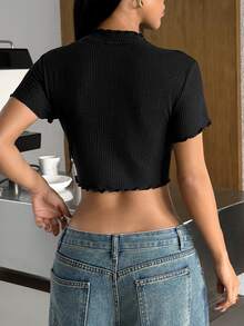 SHEIN EZwear 黑色高領短袖修身針織女款T恤 - 黑色 - 查看 2