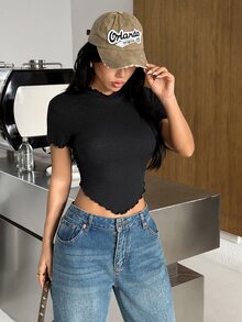 SHEIN EZwear 黑色高領短袖修身針織女款T恤 - 黑色 - 查看 5