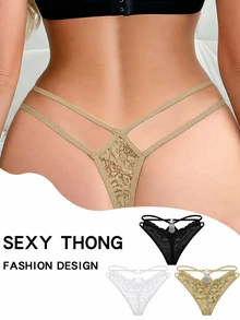 SHEIN Women's Lace Solid Color Elegant Sexy Fashion Thong - Multicolor - View 4