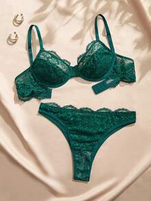 Charlaine Set Pakaian Dalam Wanita Berenda Prancis, 2 Buah Bra Tipis Warna Polos Elegan - Dark Green - View 3