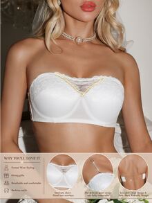 SHEIN Women's White Sexy Lace Underwire Bra, Push-Up For Small Bust, Anti-Slip Strapless Bandeau, Invisible Back, 1pc - White - View 7
