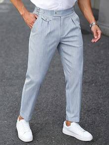 Manfinity Mode Men's Mature Modern Blue Striped Casual Suit Pants, Spring/Summer - Navy Blue - View 4