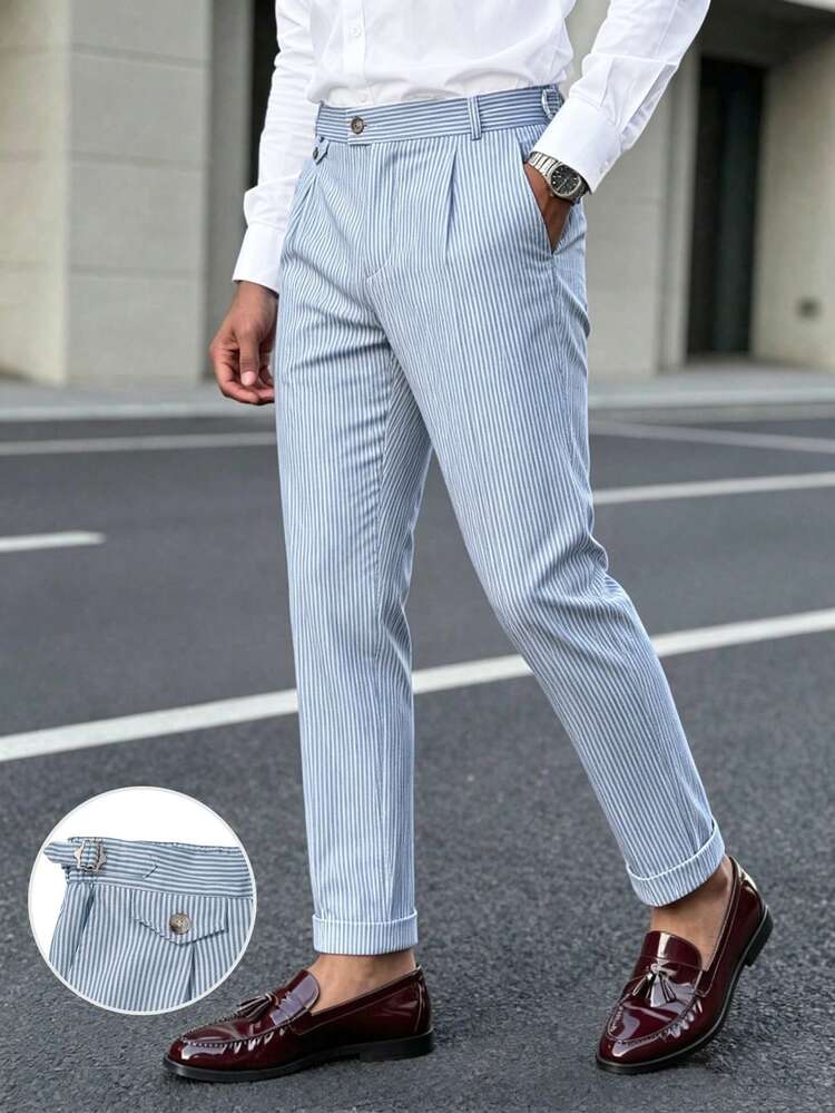 Manfinity Mode Men's Mature Modern Blue Striped Casual Suit Pants, Spring/Summer - Navy Blue - View 1