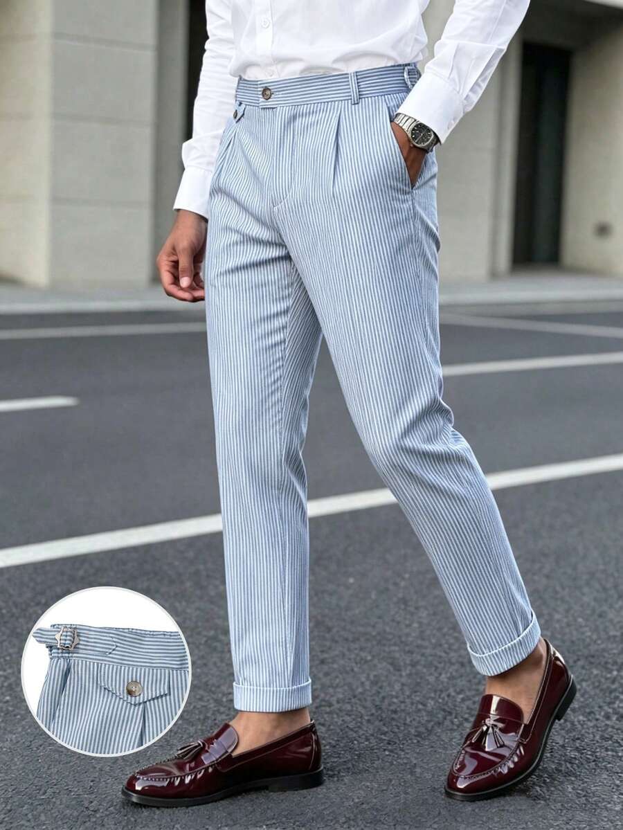 Manfinity Mode Men's Mature Modern Blue Striped Casual Suit Pants, Spring/Summer - Navy Blue - View 1
