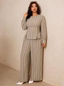 Elaquor Plus Size Brown Long Sleeve Top And Loose Pants With Pockets 2 Pieces Set Office Autumn Business Casual Elegant Formal Work Sets Fall/Winter - Multicolor - View 6