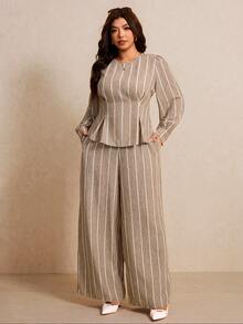 Elaquor Plus Size Brown Long Sleeve Top And Loose Pants With Pockets 2 Pieces Set Office Autumn Business Casual Elegant Formal Work Sets Fall/Winter - Multicolor - View 4