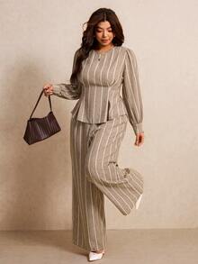 Elaquor Plus Size Brown Long Sleeve Top And Loose Pants With Pockets 2 Pieces Set Office Autumn Business Casual Elegant Formal Work Sets Fall/Winter - Multicolor - View 3