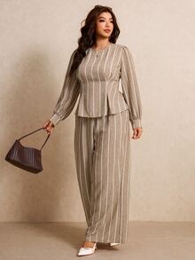 Elaquor Plus Size Brown Long Sleeve Top And Loose Pants With Pockets 2 Pieces Set Office Autumn Business Casual Elegant Formal Work Sets Fall/Winter - Multicolor - View 1
