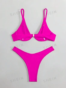 Oceva Women's Solid Color Sexy Bikini Swimwear Set With Underwire, Summer Beach - Hot Pink - View 3