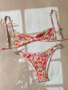Swim Vcay 女士性感吊带两件式泳衣，适合海滩度假，夏季假日套装，两件式泳衣比基尼套装，花卉比基尼 - 粉色 - 查看 1