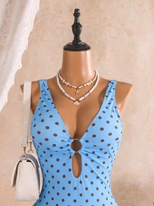 SHEIN Swim 女款一件式波點印花泳衣，胸前圓環裝飾，性感熱帶極簡優雅風，藍色與棕色波點，適合海灘派對、夏季 - 彩色 - 查看 6