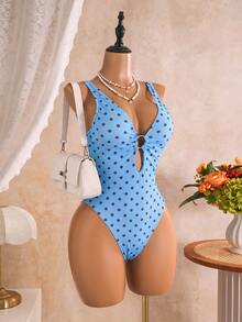 SHEIN Swim 女款一件式波點印花泳衣，胸前圓環裝飾，性感熱帶極簡優雅風，藍色與棕色波點，適合海灘派對、夏季 - 彩色 - 查看 5